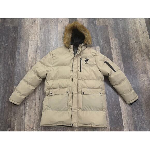 Beverly Hills Polo Club Beige Puffer Jacket with Faux Fur Hood Size XL - Picture 1 of 8